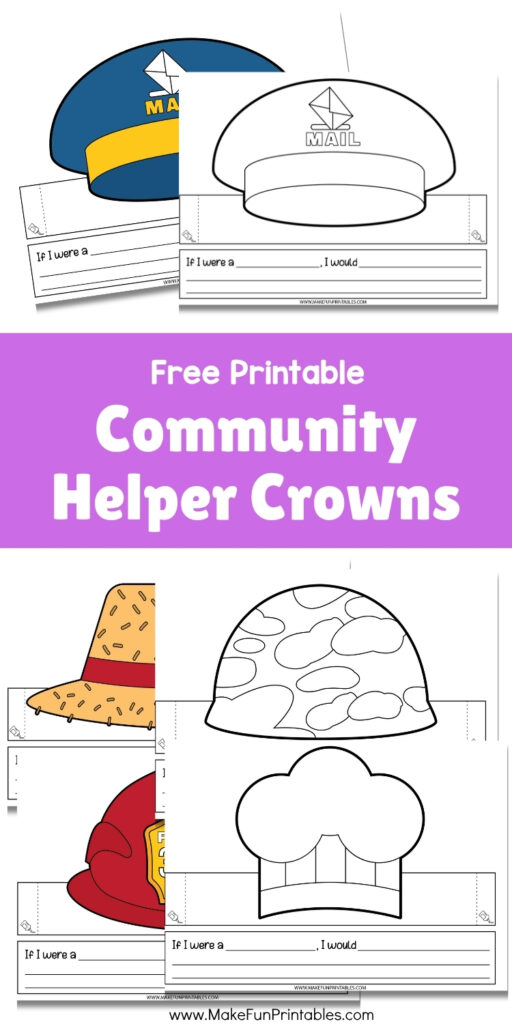 Printable community helper paper hats for preschoolers to cut, color, and wear during dramatic play and community unit lessons.