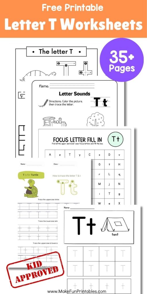 Coloring page featuring letter T words like turtle, tree, and truck for preschool learners.