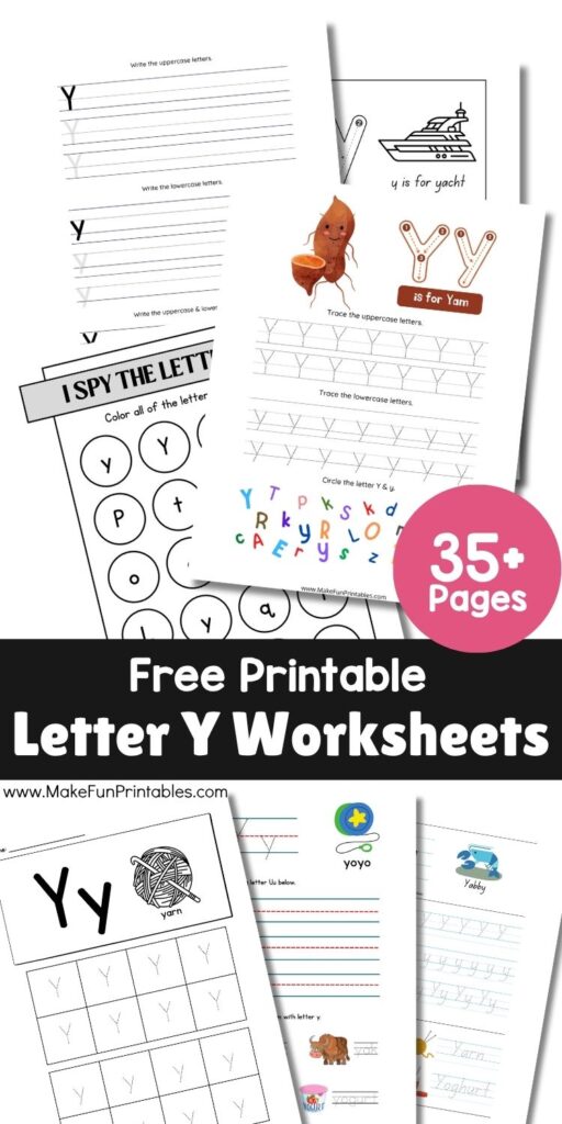 Phonics cut-and-paste worksheet with letter Y words like yarn and yo-yo.