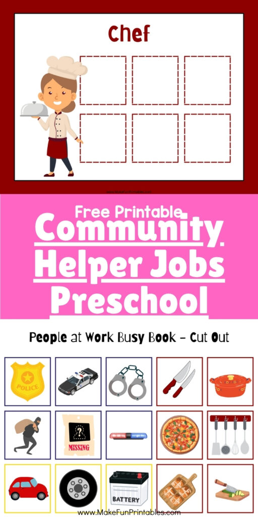Printable busy book page showing a firefighter with matching job-related items for preschoolers to sort.