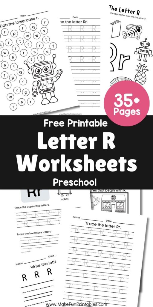 Letter R coloring page featuring R words like rocket, rainbow, and rabbit for preschool learners.