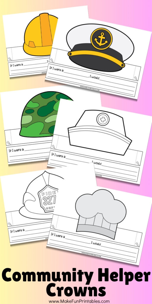 Free preschool printables featuring police officer, doctor, and firefighter paper hats to support early learning and imaginative play.