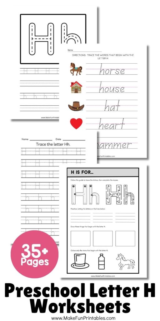 Fun and free preschool alphabet worksheets focused on the letter H for early literacy practice.