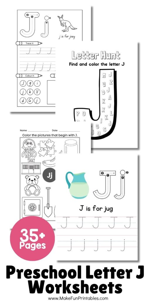 Preschool alphabet worksheets focusing on uppercase and lowercase Letter J for handwriting practice and phonics learning.