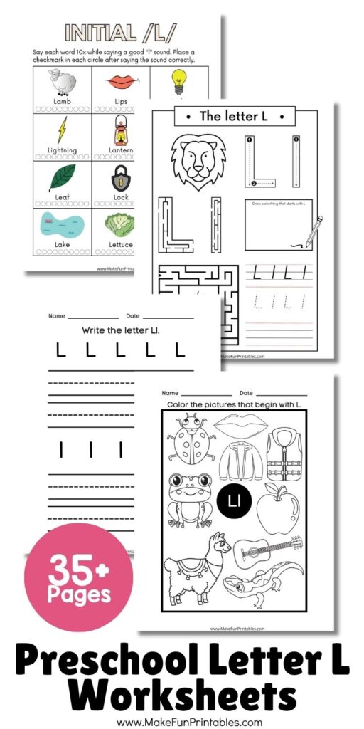 Preschool alphabet worksheets featuring uppercase and lowercase Letter L tracing, coloring pages, and handwriting practice.