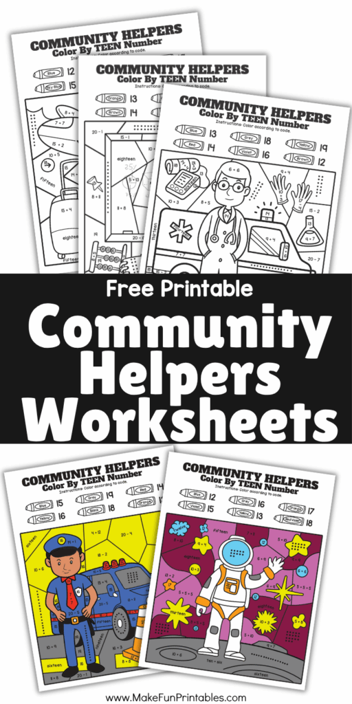 Printable math worksheet showing color-by-number activity with teen numbers and simple addition problems.