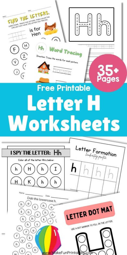 Printable Letter H worksheets for preschool featuring tracing, coloring, and beginning sounds activities.