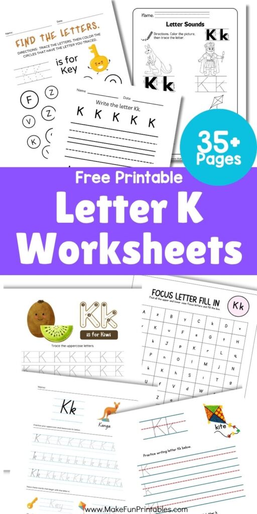 Preschool alphabet worksheets featuring uppercase and lowercase Letter K tracing, handwriting practice, and fun coloring pages.