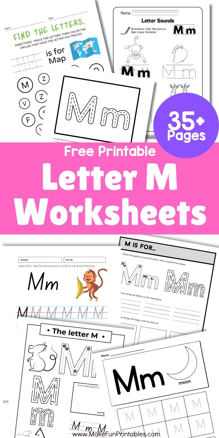 Preschool alphabet worksheets featuring uppercase and lowercase Letter M tracing, coloring pages, and phonics practice for young learners.