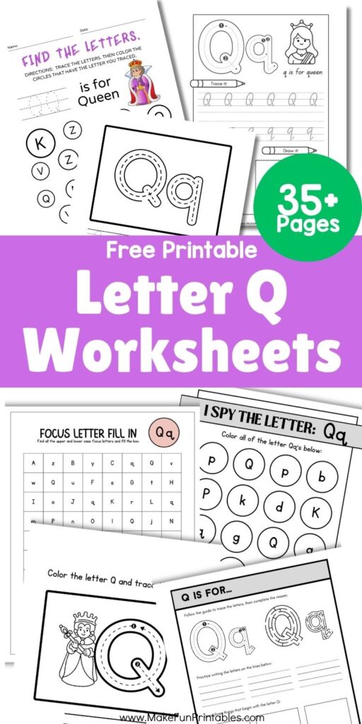 Preschool alphabet worksheets for learning uppercase and lowercase Letter Q through tracing, phonics practice, and handwriting exercises.