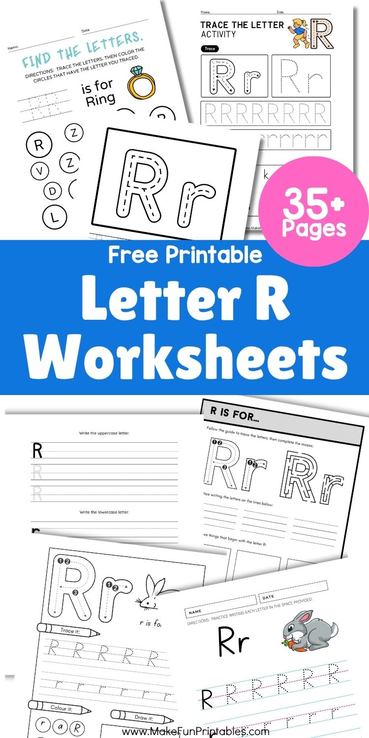 Printable preschool worksheet for tracing and writing uppercase and lowercase letter R.
