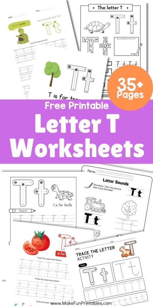 Printable preschool worksheet for tracing uppercase and lowercase letter T.