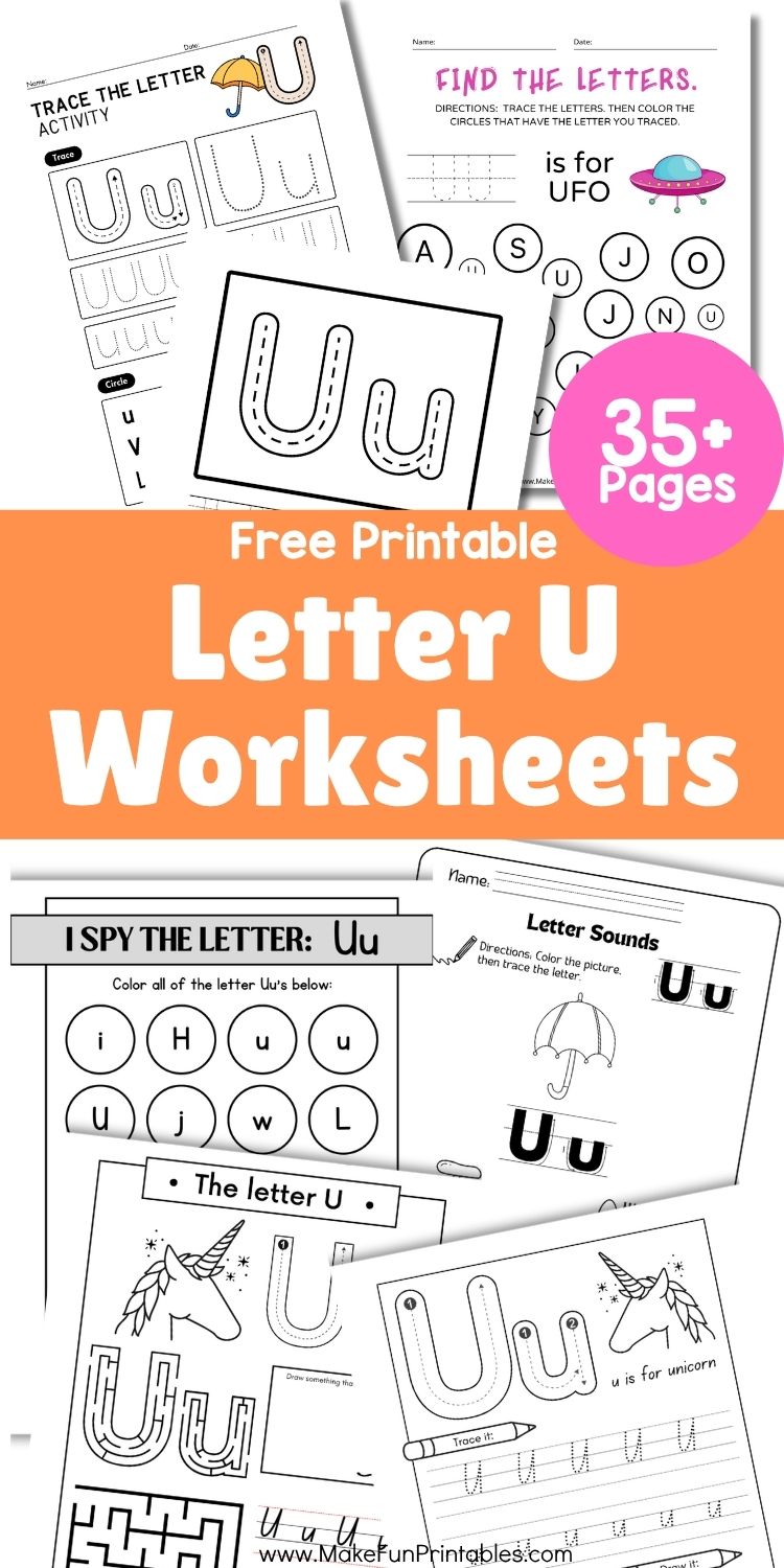 Free printable Letter U worksheet for preschoolers with tracing, coloring, and phonics activities.
