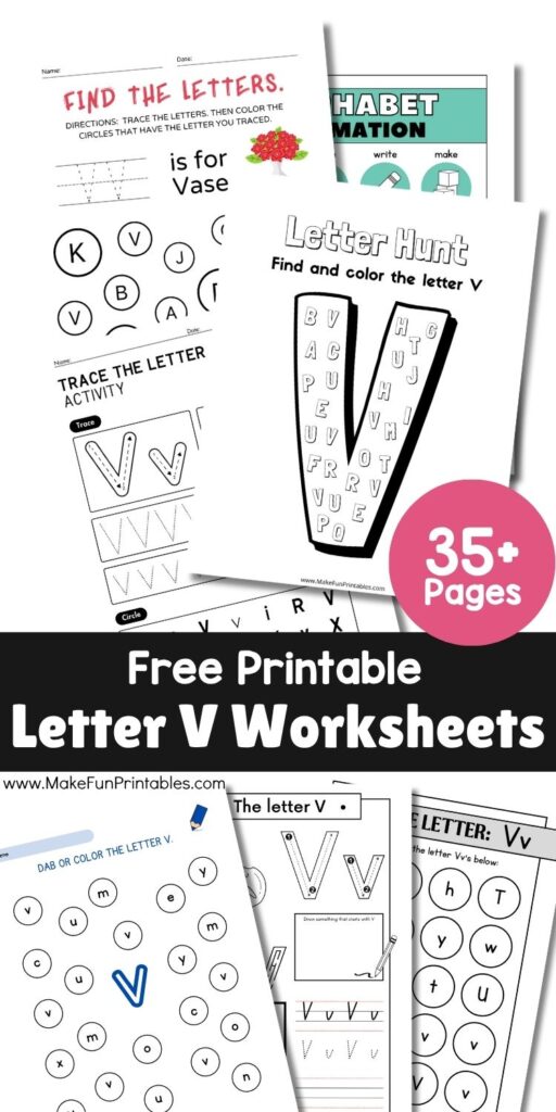 Coloring and cut-and-paste activity featuring words that start with the letter V.