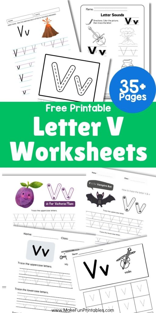 Free printable letter V tracing worksheet for preschool and kindergarten learners.
