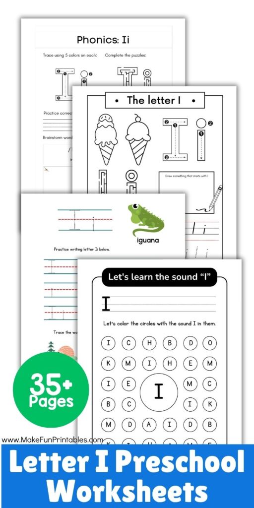 Engaging Letter I handwriting practice and phonics worksheets designed for preschoolers and pre-K learners.