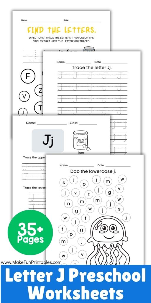 Engaging Letter J printables for preschool featuring letter tracing, coloring pages, and beginning sound recognition activities.
