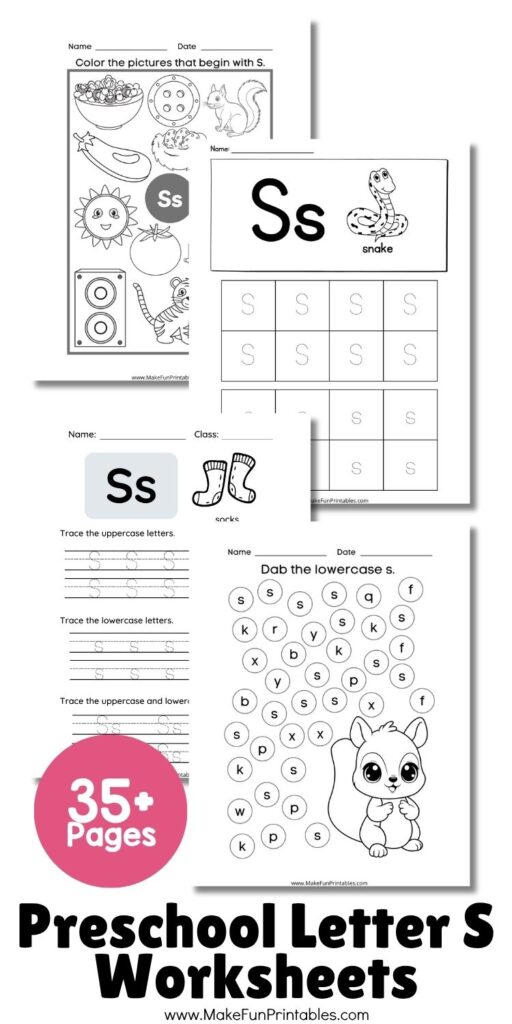 Letter S coloring page with pictures like sun, sandwich, and snake for preschool learning.