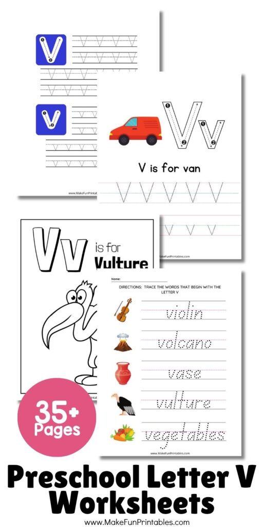 Preschool phonics worksheet for identifying and writing uppercase and lowercase V.