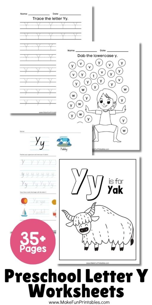 Preschool alphabet worksheet for recognizing and writing uppercase and lowercase Y.