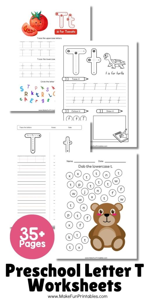 Cut and sort activity helping preschoolers identify objects that start with the letter T.
