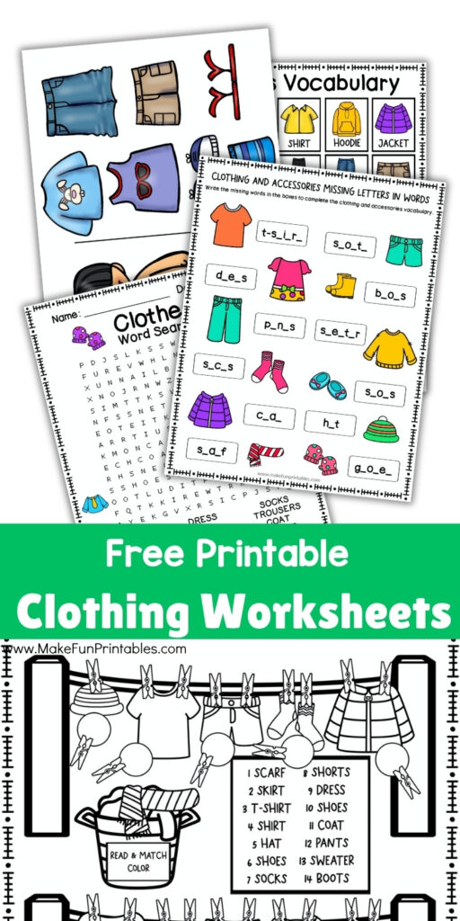 Printable clothing vocabulary cards and picture-word matching activity for preschoolers.