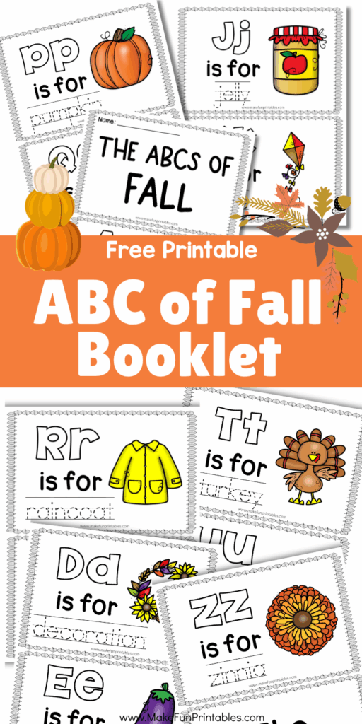 ABCs of Fall Booklet printable with two letters per page, fall-themed pictures, and word tracing for preschool handwriting practice.