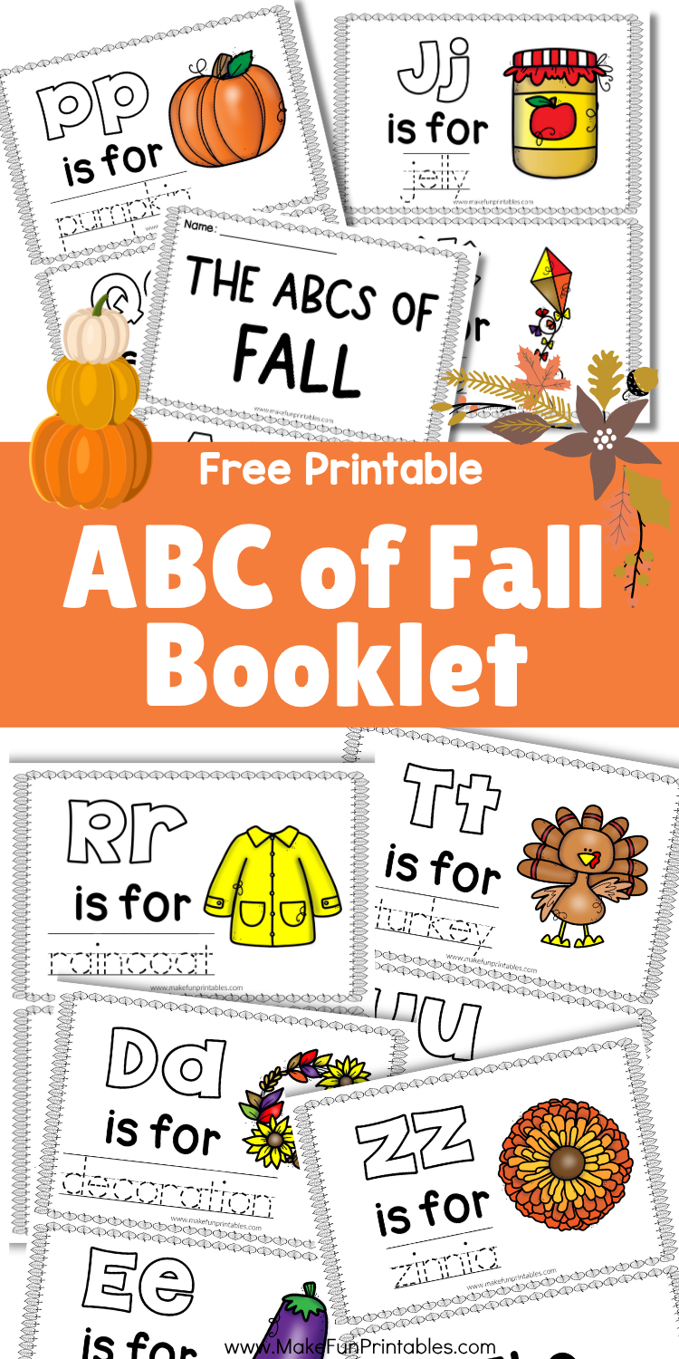 ABCs of Fall Booklet printable with two letters per page, fall-themed pictures, and word tracing for preschool handwriting practice.