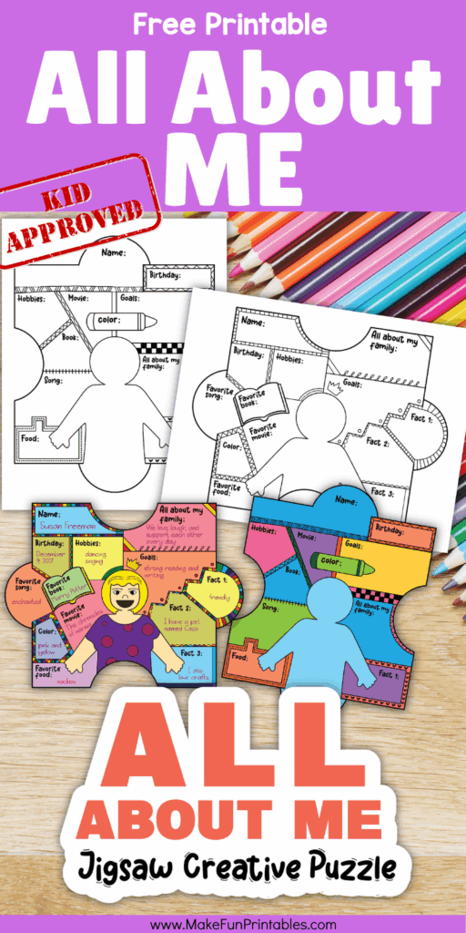 Fun All About Me puzzle worksheets for kids to complete, color, and share in homeschool or classroom settings.