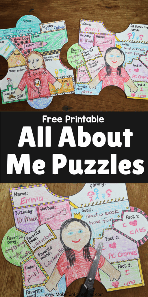 All About Me Puzzles printable for preschool and kindergarten where kids share their interests through writing and drawing.