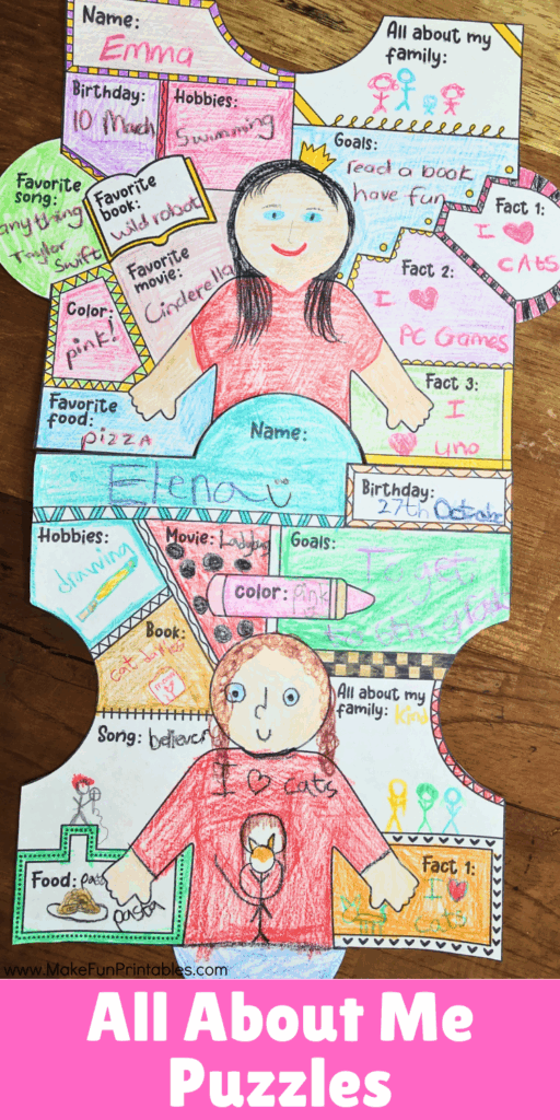 Back to school All About Me puzzle activity displayed on a classroom wall for students to get to know each other.