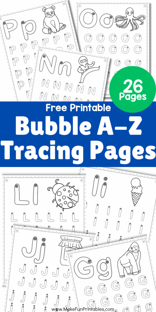 Free printable bubble letter tracing worksheet featuring uppercase alphabet A to Z.