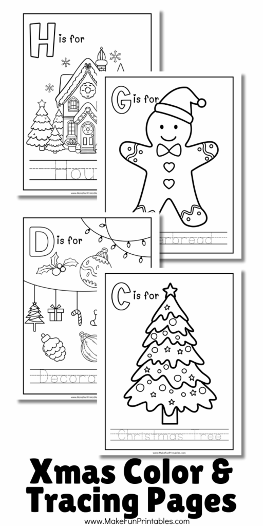 Printable Christmas alphabet tracing pages for kindergarten handwriting and coloring practice.