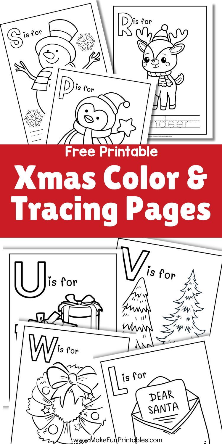 Free Christmas tracing worksheets for preschool with alphabet letters and holiday coloring pictures.