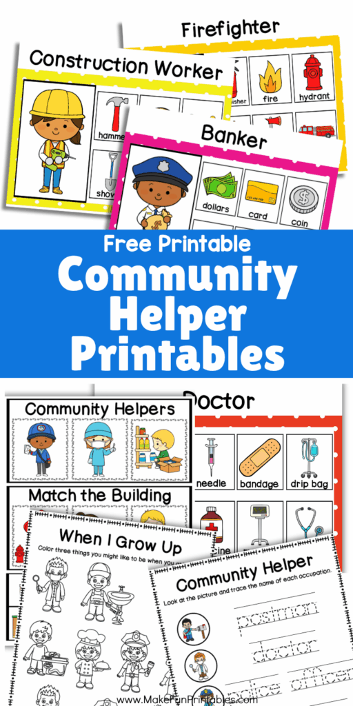 Fun community helpers printable pack with tracing, coloring, and matching games to teach kids about different jobs.