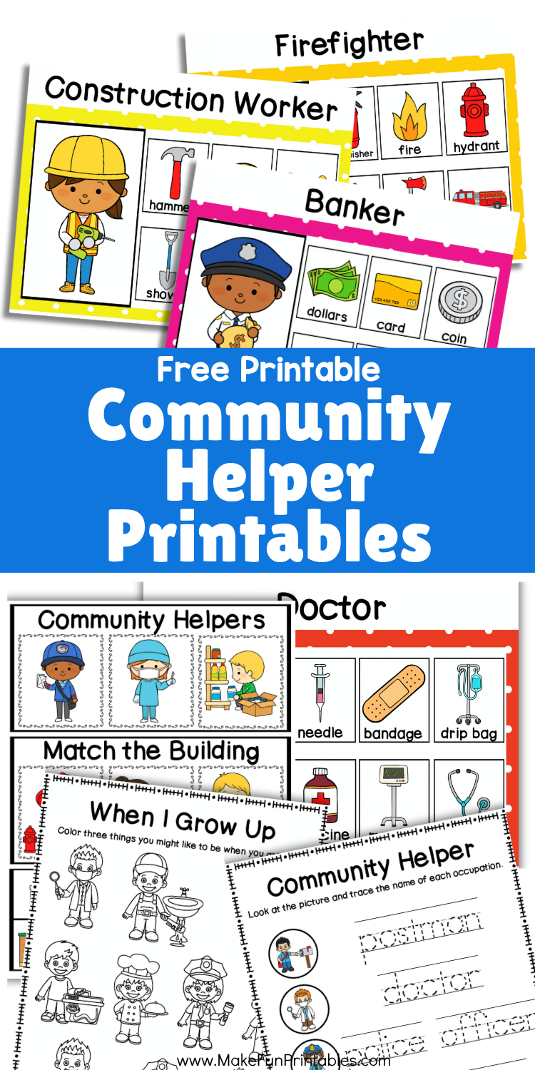 Fun community helpers printable pack with tracing, coloring, and matching games to teach kids about different jobs.