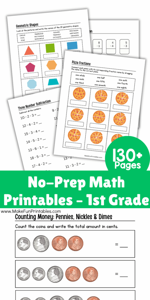 Printable 1st grade math worksheet with number line and addition problems