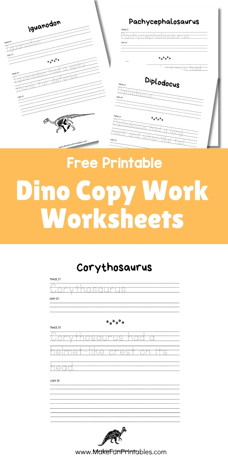 dinosaur-themed copywork worksheet to trace and copy simple sentences.