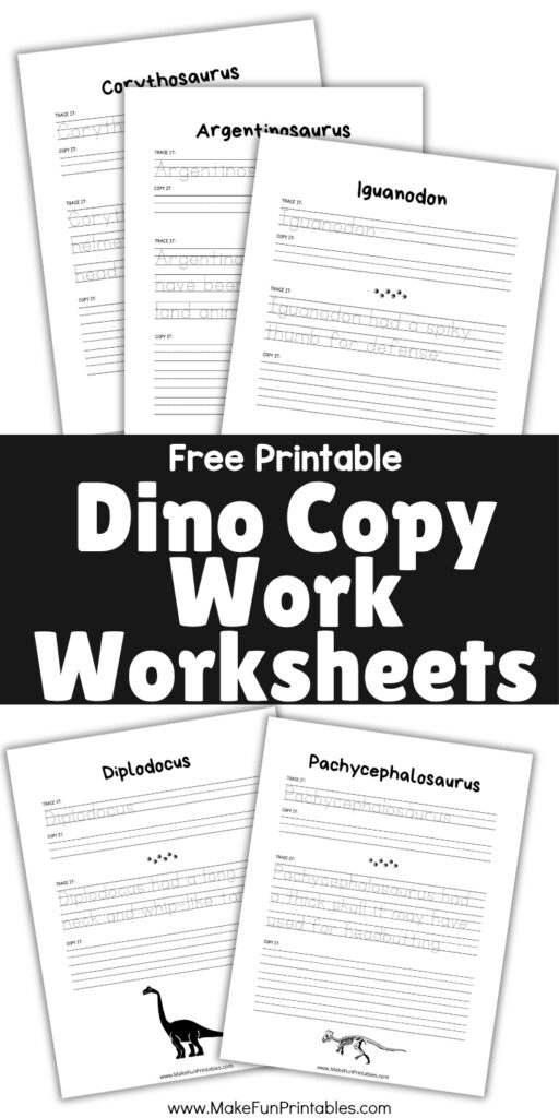 Free printable dinosaur copywork page with traceable sentences and fun dino illustration for preschoolers.