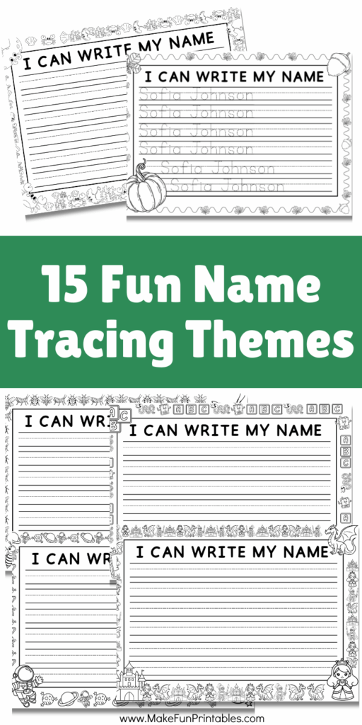 Printable name tracing page for kids featuring space theme with rocket and stars.