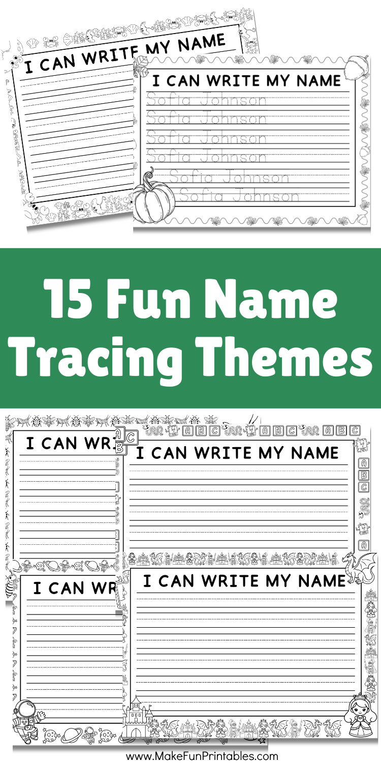 Printable name tracing page for kids featuring space theme with rocket and stars.