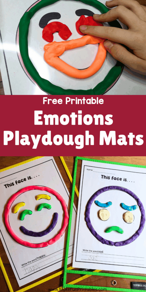 Free printable emotions playdough mats for preschool and kindergarten with happy, sad, angry, and excited faces to build fine motor skills.