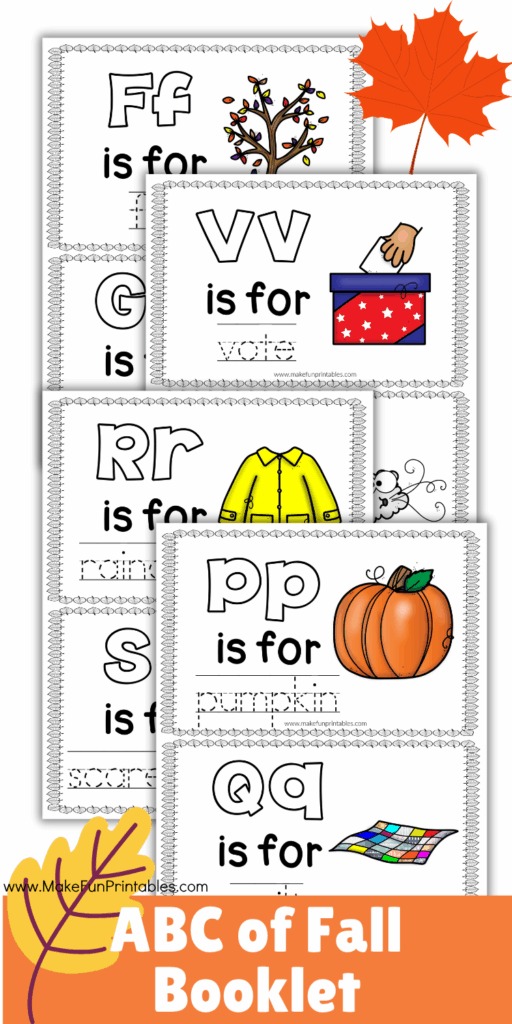 Laminated fall alphabet word tracing cards on a keyring for preschool literacy center activities and seasonal vocabulary building.
