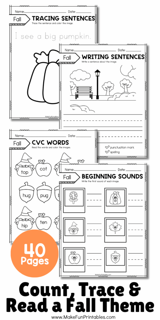 Printable fall-themed counting and letter recognition activities for early learners.