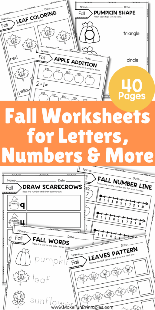 Fall math and literacy worksheets for preschool and kindergarten with counting, tracing, and beginning sounds activities.