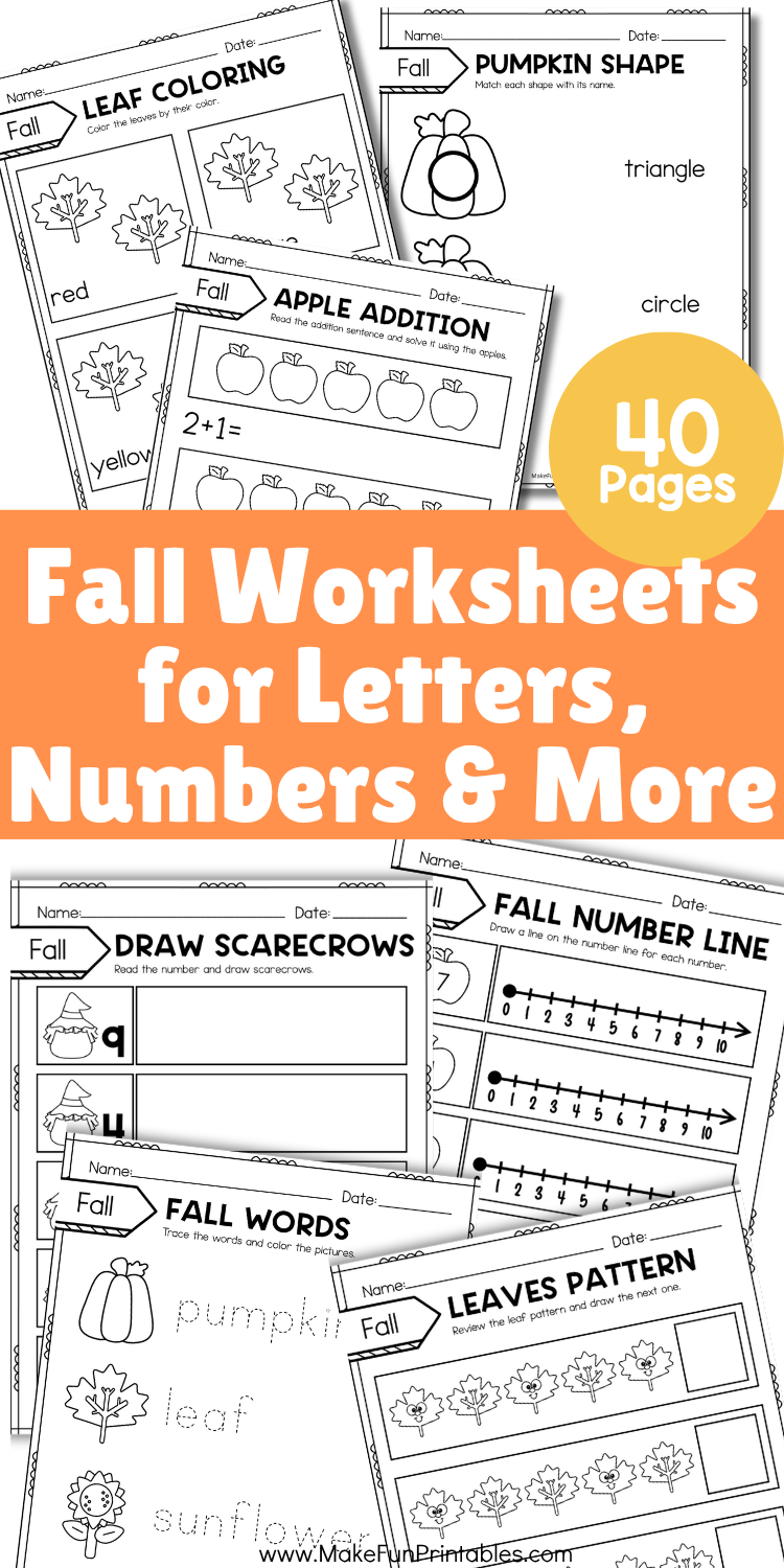 Fall math and literacy worksheets for preschool and kindergarten with counting, tracing, and beginning sounds activities.