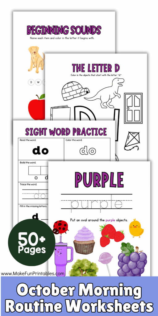 Kindergarten October Morning Menu worksheets featuring numbers, letters, shapes, and feelings check-in activities for morning practice.