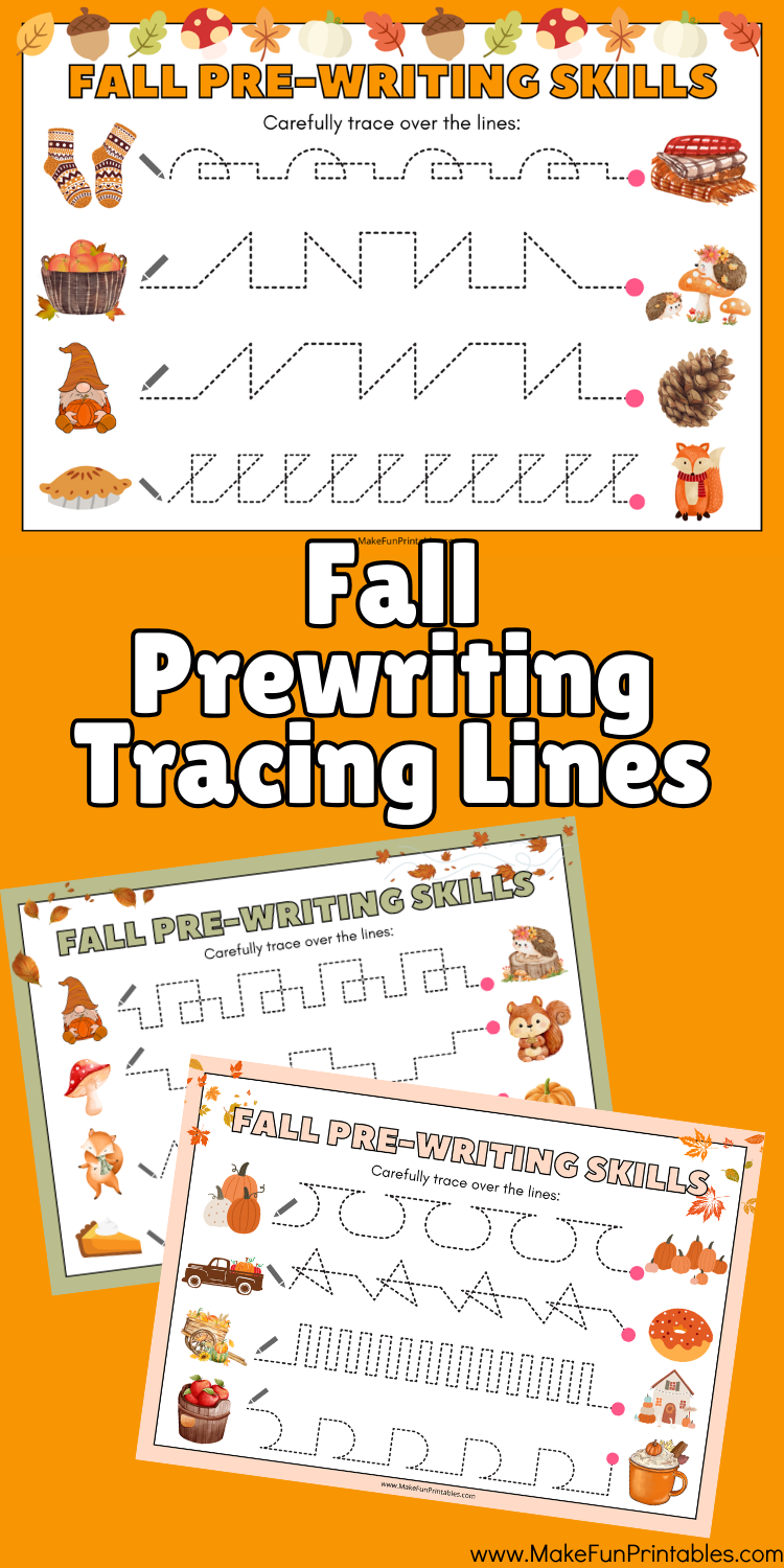 Free fall pre-writing worksheets for preschool with tracing lines, pumpkins, and leaves to build fine motor and handwriting skills.