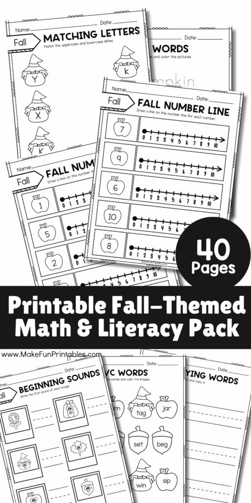 Fall preschool and kindergarten worksheets with pumpkins, leaves, and fun learning games.