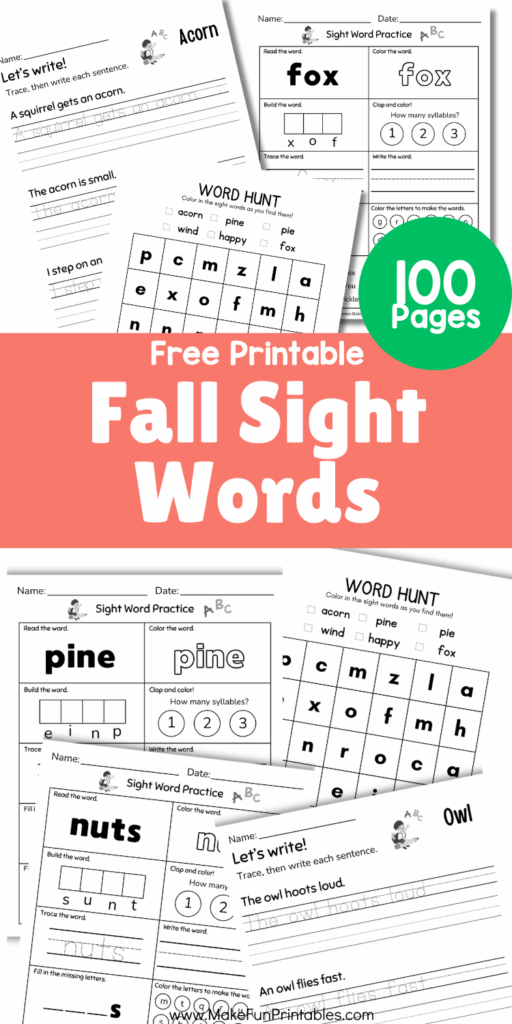 Fall-themed sight word worksheets to help kids practice reading, writing, and recognizing high-frequency words.